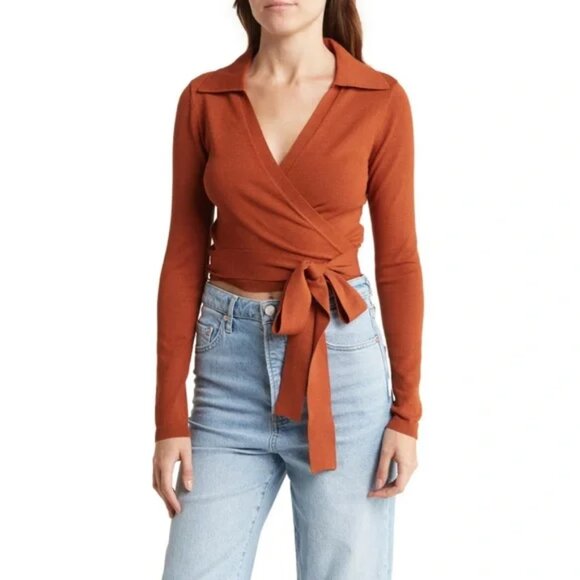 WAYF Sweater Womens Large Rust Wrap Tie Front Johnny Collared Balletcore Top - Picture 1 of 9
